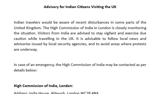 BRITAIN के हालात पर उच्चायोग ने भारतीयों के लिए जारी की एडवाइजरी
