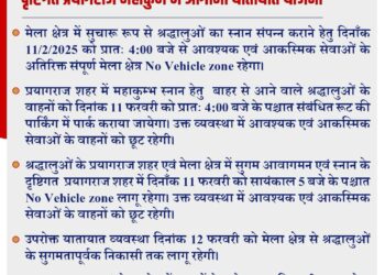 प्रयागराज महाकुंभ 2025 : माघ पूर्णिमा स्नान पर लागू होगा विशेष यातायात प्रबंध, श्रद्धालुओं की सुविधा के लिए मेला क्षेत्र और शहर में ‘नो व्हीकल जोन’ लागू